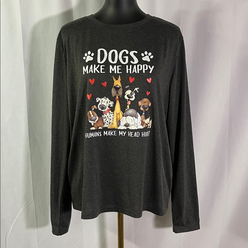 Gray Dogs Make Me Happy Long Sleeve Crew Neck T-Shirt